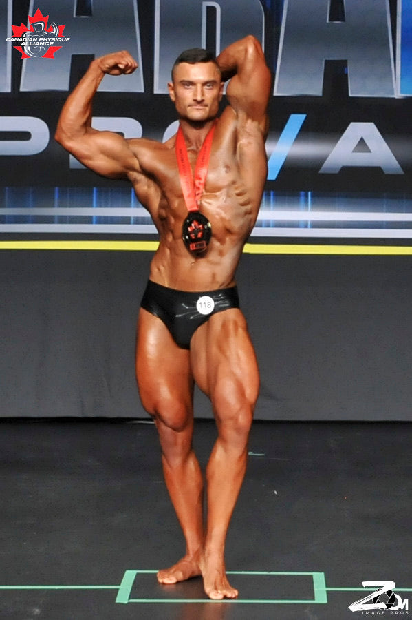 pro cut red spandex mens bodybuilding competition posing suit posing trunks-seam  front - Vandella Costumes